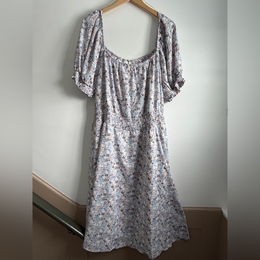 Hayden Floral Puff Sleeve Midi Dress - Cream and Blue